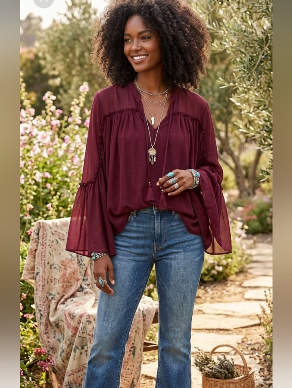 bebe Burgundy Sheer Tassel Tie-Neck  Fairy Bohemian Romantic Cottagecore Blouse